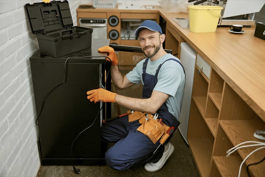 Tecnico al lavoro su un frigorifero